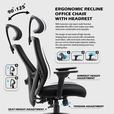 HNNHOME Black Recline Ergonomic Mesh Office Chair with Lumbar Support and Headrest