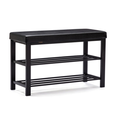 HNNHOME Canopus Shoe Bench, 3-Tier Shoe Rack Shelf with Padded Cushion Seat, Steel Frame 81x32xH50 cm (Black, Faux Leather)