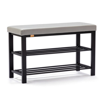 HNNHOME Canopus Shoe Bench, 3-tier Shoe Rack Shelf with Padded Cushion Seat, Steel Frame 81x32xH50cm (Light Grey, Faux Leather)