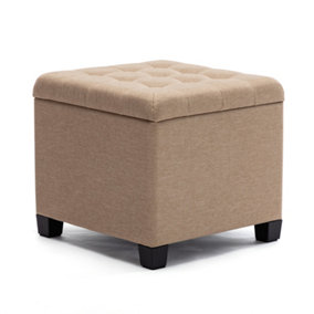 HNNHOME Pouffe Footstool Ottoman Storage Box,45cm Cube Strong Wooden Frame Linen Seat Chair with Lids For Bedroom(Beige)