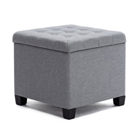 HNNHOME Pouffe Footstool Ottoman Storage Box,45cm Cube Strong Wooden Frame Linen Seat Chair with Lids For Bedroom(Light Grey)
