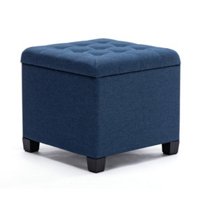 HNNHOME Pouffe Footstool Ottoman Storage Box,45cm Cube Strong Wooden Frame Linen Seat Chair with Lids For Bedroom(Navy)