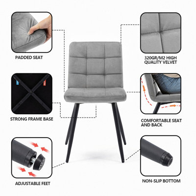 HNNHOME Set Of 2 x Cubana Velvet Upholstered Kitchen Dining Chair with Strong Black Metal Legs Living Room Bedroom Chair (Grey)