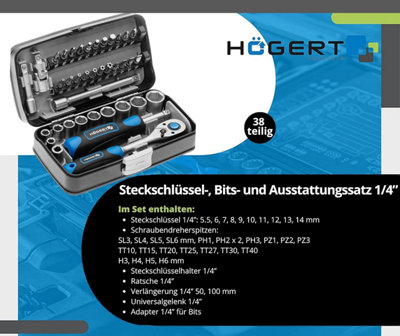 Hogert 38pc Tool Set Socket Spanner Screwdriver Bits 1/4 Inch Alloy ...