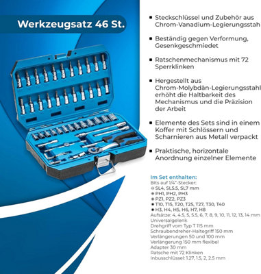 Hogert 46pc Tool Set Socket Spanner Screwdriver Bits 1/4 Inch Alloy ...
