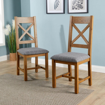 Holcombe Pair of Assembled High Cross Backed Dining Chairs Grey Checked Seat Solid Oak Legs