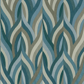 Holden Arabesque Leaves Geometric Leaf Stripe Vinyl Texture Blue Wallpaper