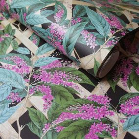 Holden Brassica Floral Leaves Bird Charcoal Pink Green Paste The Wall Wallpaper