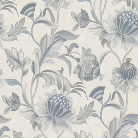 Holden Cecelia Floral Jacobean Style Metallic Vinyl Textured Blue Dove Wallpaper