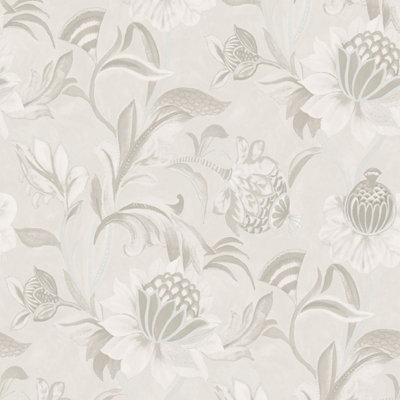 Holden Cecelia Floral Jacobean Style Metallic Vinyl Textured Dove Grey Wallpaper