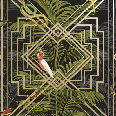 Holden Congo Black Gold Art Deco Geometric Tropical Jungle Animals Wallpaper