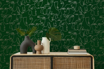 Holden Decor Abstract Faces Green / Gold Abstract Faces Smooth Wallpaper