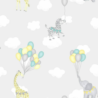 HOLDEN DECOR ANIMAL BALLOONS PLAYROOM KIDS CHILDRENS WALLPAPER GREY 91041