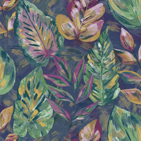 Holden Decor Aralia Navy / Pink Leaves and Foliage Embossed Wallpaper