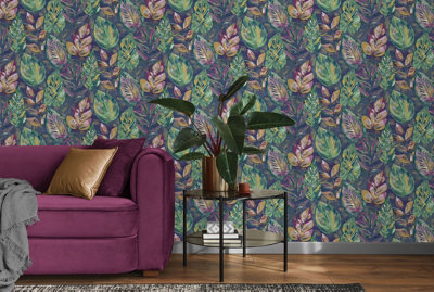 Holden Decor Aralia Navy / Pink Leaves and Foliage Embossed Wallpaper