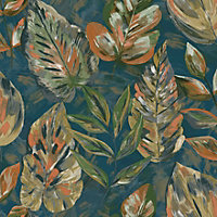 Holden Decor Aralia Teal / Orange Leaves and Foliage Embossed Wallpaper