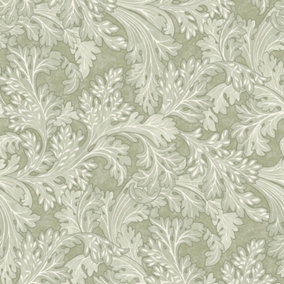 Holden Decor Botanical Scroll Sage Wallpaper Floral Leaves Classic Feature Wall