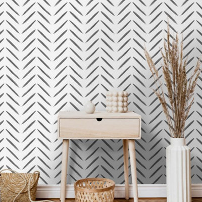 Holden Decor Brush Marks Tribal Chevron Stripe Zig Zag Feature Smooth Wallpaper Black And White 13040