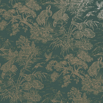 Holden Decor Crane Lagoon Aqua Gold Wallpaper Floral Metallic Feature Wall