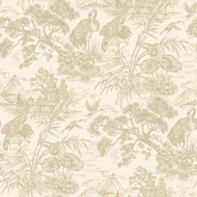 Holden Decor Crane Lagoon Cream Gold Wallpaper Floral Metallic Feature Wall