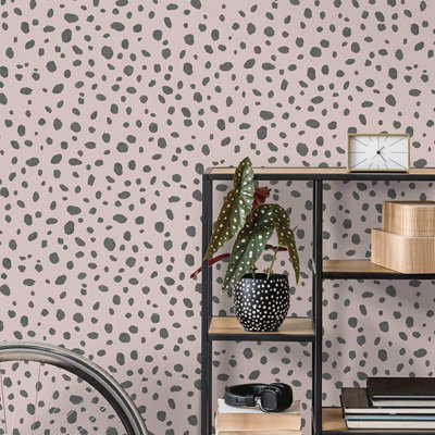 Holden Decor Dalmatian Spot Dot Print Wallpaper Pink and Black 12941