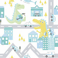 Holden Decor Dino Road Teal / Lime Children's Dinosaurs Smooth Wallpaper