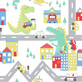 Holden Decor Dino Road White / Multi Children's Dinosaurs Smooth Wallpaper
