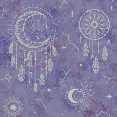Holden Decor Dreamcatcher Wallpaper Modern Sun, Moon, Stars Geometric Purple & Silver Children Wallpaper -Kids Room, Nursery 13331