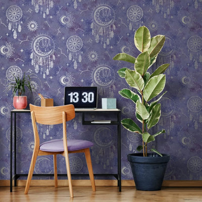 Holden Decor Dreamcatcher Wallpaper Modern Sun, Moon, Stars Geometric Purple & Silver Children Wallpaper -Kids Room, Nursery 13331