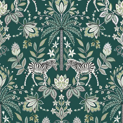 Holden Decor Etosha Green Wallpaper Floral Animal Print Metallic Paste The Wall