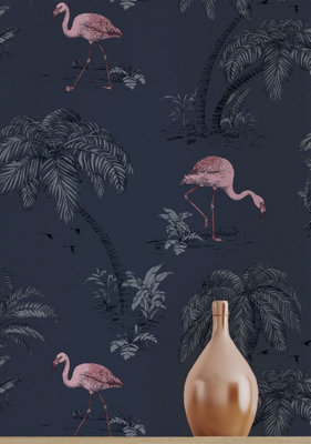 Holden Decor Flamingo Lake Midnight Blue/Pink Tropical Smooth Wallpaper