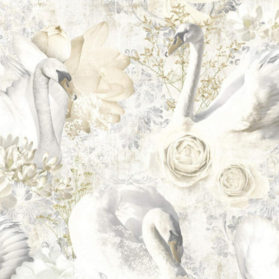 Holden Decor Gabriella Beige Wallpaper Swans Floral Textured Paste The Wall