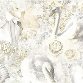 Holden Decor Gabriella Beige Wallpaper Swans Floral Textured Paste The Wall