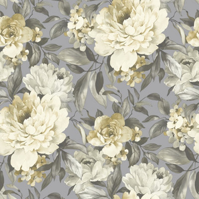 Holden Decor Gardenia Grey/Ochre Painterly Floral Embossed Wallpaper