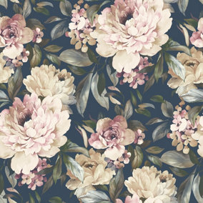 Holden Decor Gardenia Navy Painterly Floral Embossed Wallpaper