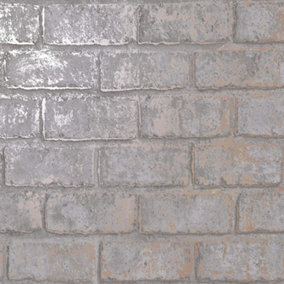 Holden Decor Glistening Brick Wall Shiny Slate Rose Gold Grey Metallic Wallpaper 12951