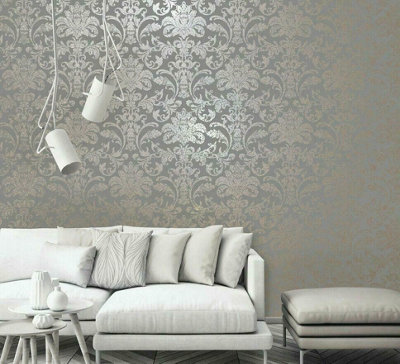 Holden Decor Glistening Damask Grey / Rose Gold Smooth Wallpaper
