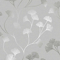 Holden Decor Glistening Ginkgo Grey Silver Linear Floral Smooth Wallpaper