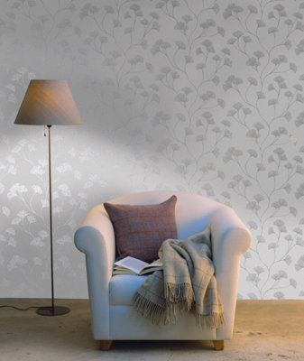Holden Decor Glistening Ginkgo Grey Silver Linear Floral Smooth Wallpaper