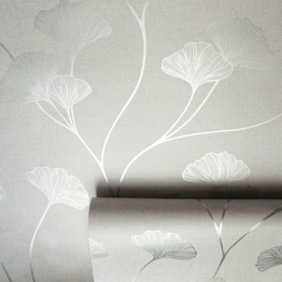 Holden Decor Glistening Ginkgo Grey Silver Linear Floral Smooth Wallpaper