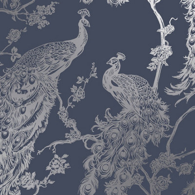Holden Decor Glistening Peacock Navy Peacock Smooth Wallpaper | DIY at B&Q