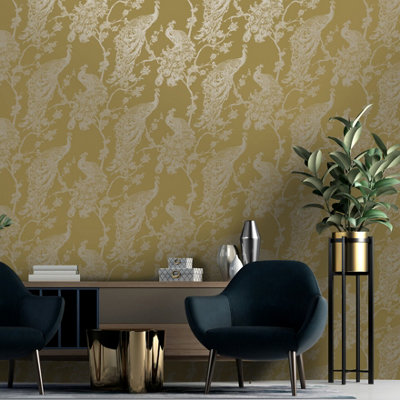 Holden Decor Glistening Peacock Yellow Peacock Smooth Wallpaper