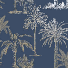 Holden Decor Glistening Tropical Tree Navy Linear Tree Smooth Wallpaper
