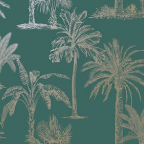 Holden Decor Glistening Tropical Tree Teal Linear Tree Smooth Wallpaper