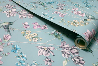 Holden Decor Glitter Humming Bird Teal/Multi Floral Bird Smooth Wallpaper
