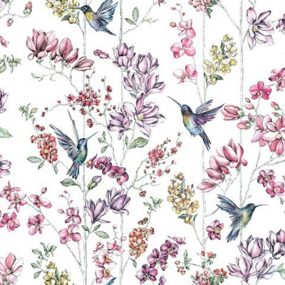 Holden Decor Glitter Humming Bird White/Multi Floral Bird Smooth Wallpaper