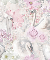 Holden Decor Glitter Swans Pink Contemporary Smooth Wallpaper