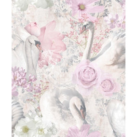 Holden Decor Glitter Swans Pink Contemporary Smooth Wallpaper
