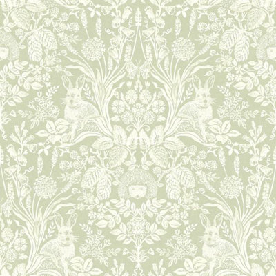 Holden Decor Harlen Sage Green Wooland Floral Rabit Hedgehog Wallpaper 90162