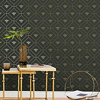 Holden Decor Honeycomb Bee Charcoal/Gold Geometric and Insects Smooth Wallpaper